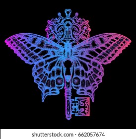 Esoteric neon butterfly and key tattoo art. Mystical symbol of freedom, spiritual search, flight, travel 
