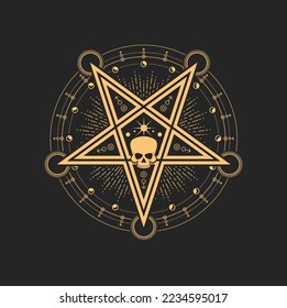 Esoteric and occult Pentagram with human skull, crescent moon and stars symbols around Vector magic tarot cards, witchcraft or alchemy sign, spiritual emblem, isolated wicca or pagan sacred amulet