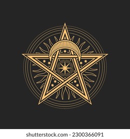 Esoteric and occult pentagram, mason or tarot symbols. Vector sign with star, crescent moon, Sun or stars. Astrological amulet, isolated tarot card spiritual magic talisman or wiccan emblem