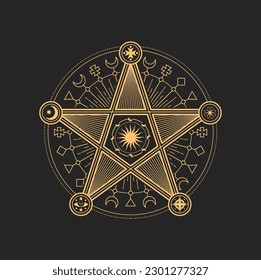 Esoterisches und okkultes Pentagramm, Mason- oder Tarot-Symbol. Vektorsakrales Sternzeichen mit Halbmond, Sonne oder Sterne, Auge und Kreuz. Astrologisches Amulett, spiritueller Talisman der Tarot-Karte, Emblem