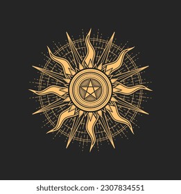 Esoterisches und okkultes Pentagramm, Mason- oder Tarot-Symbol. Vektorsakraler Sternzeichen in der Sonne mit Strahlen. Astrologisches Amulett, spiritueller Talisman auf der Tarot-Karte, waschkisches oder illuminatisches Emblem