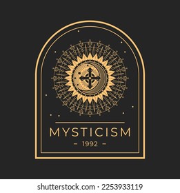 Esoteric and occult, religion and magic icon. Christian cross, sun and crescent moon witchcraft, magic seal or mysticism tattoo. Occultism ritual sign, alchemy emblem or icon, tarot sacred symbol