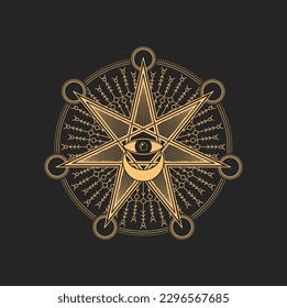 Esoteric occult symbol with Eye of Providence inside of star with seven rays and crescent in circle. Vector mason spiritual symbolic, mysterious tarot card sign, wiccan or alchemy emblem