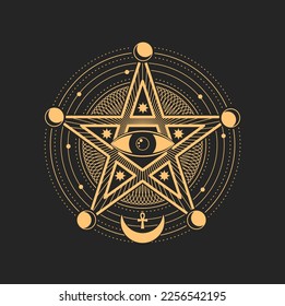 Símbolo oculto esotérico, signo vectorial de la tarjeta de tarot mágica. Ojo de Providencia dentro del círculo con estrella de pentagrama, media luna, y estrellas alrededor. Masón espiritual o simbólico iluminado, amuleto