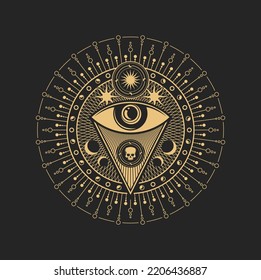 Esoteric occult symbol vector Eye of Providence inside of circle with sun, moon and human skull with dotted pattern around. Spiritual mason or tarot cards symbolic, isolated amulet, alchemy sign