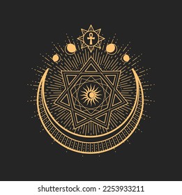 Esoteric occult symbol, vector magic tarot sign with crescent, Ankh, Moon and Sun inside of big seven pointed star and decorated circle. Astrological amulet, spiritual wiccan talisman