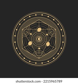 Esoteric occult vector sign with Moon, Sun and geometric figures inside of big circle. Alchemist pentagram, astrological amulet, isolated tarot symbol, spiritual magic talisman or mason emblem