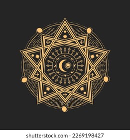 Esoteric occult vector sign with moon crescent, Sun and powerful crosses in big star with ten points and circle. Astrological amulet, pentagram, tarot symbol, spiritual magic talisman or mason emblem