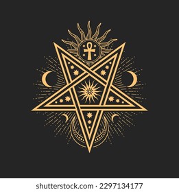 Esoteric occult vector sign with pentagram star, crescent, Sun and ankh cross. Astrological amulet, isolated tarot card symbol, spiritual magic talisman or mason emblem