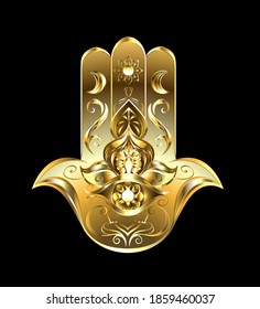 Esoteric, oriental, patterned, symbol hand of Hamsa of gold on black background. Fatima Hand.