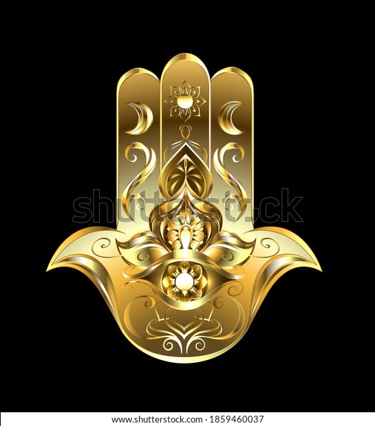 Esoteric, oriental, patterned,
symbol hand of Hamsa of gold on black background. Fatima
Hand.