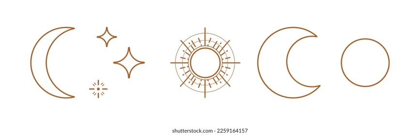 Esoteric Outline Boho Celestial Symbols Elements. Simple Moon, Sun and Stars on White Background.