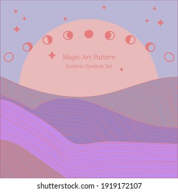 Esoteric pattern, abstract sea waves on background of sunset, phases of moon.Place for text, pastel color drawing. Vectoral pattern for social group design, web page, book design.