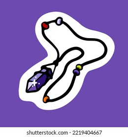 Pendiente sotérico con cristales mágicos, cuentas. Amuleto secreto, talismán con piedras de gema, joyas en cuerda. Accesorio de collar de bruja con piedras preciosas. Ilustración vectorial de dibujos animados planos aislados