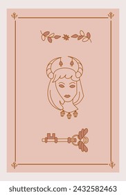 Esoteric poster Girl with horns and bells, golden key with wings and branch on pink background. Boho style vector outline illustration.