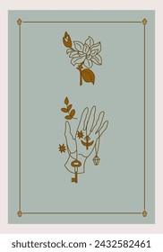 Esoteric poster Hand holding magical amulets, mystic golden flower on green background. Boho style vector outline illustration.