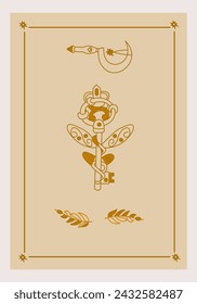 Llave de oro mágica con alas, hoz de druida y rama sobre fondo beige. Ilustración de contorno vectorial de estilo boho.