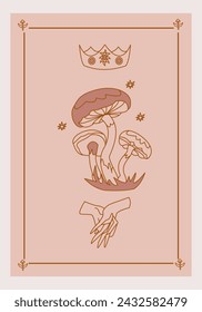 Seta mágica y estrellas, manos con dedos entrelazados y corona sobre fondo rosa Boho estilo ilustración vectorial de contorno.