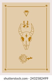 Esoteric poster Skull with horns and branches, mystic prickly flower and diamond on beige background. Boho style vector outline illustration.