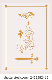 Esoteric poster Two hands holding poison bottle, magic golden sword and branches on white background. Boho style vector outline illustration.