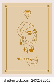 Póster Esotérico Mujer con pañuelo de cabeza, hoz druida y rama sobre fondo beige Boho estilo ilustración vectorial de contorno.