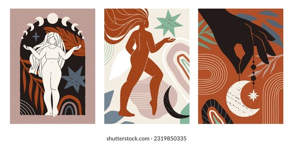 Esoteric posters set. Sacred magical goddess in boho style. Abstract mythical banners with woman healing meditation and zen. Tarot, Reiki and spirituality concept. Cartoon flat vector illustrations