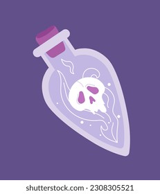 Esoteric potion concept. Glass flag with skull silhouette. Poison and dangerous liquid. Fantasy and imagination, witchcraft and magic. Cartoon flat vector illustration isolated on violet background
