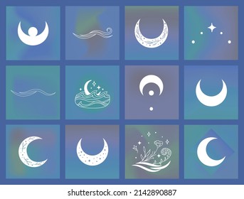 Diseños De Logotipos Prehechos Esotéricos, Símbolos Espirituales Abstractos, Iconos. Hierbas y Florales, Luna y Estrellas, Olas, Hierbas. Magic Esoteric Art. White opción