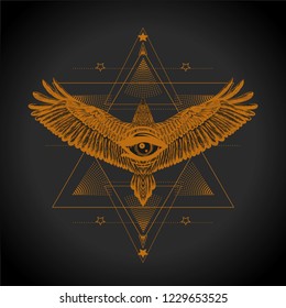 Esoteric print t shirt and tattoo art. Mystical symbols and bird. Alchemy, occultism, spirituality. Hand drawn illustration.