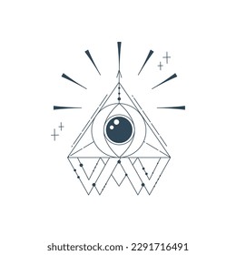 Esoteric pyramid with eye isolated. Occult mystic triangle with ray and star. Geometric esoteric symbol. Vector illustration design drawn in lines. Mystic eye in triangle
