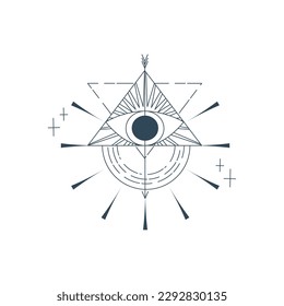 Esoteric pyramid with eye isolated. Occult mystic triangle with ray and star. Geometric esoteric symbol. Vector illustration design drawn in lines. Mystic eye in triangle