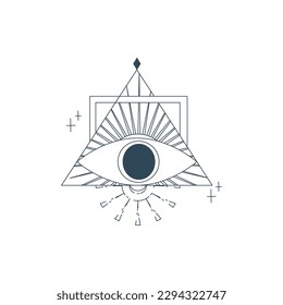 Esoteric pyramid with eye isolated. Occult mystic triangle with ray and star. Geometric esoteric symbol. Vector illustration design drawn in lines. Mystic eye in triangle