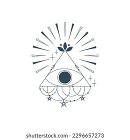 Esoteric pyramid with eye isolated. Occult mystic triangle with ray and star. Geometric esoteric symbol. Vector illustration design drawn in lines. Mystic eye in triangle