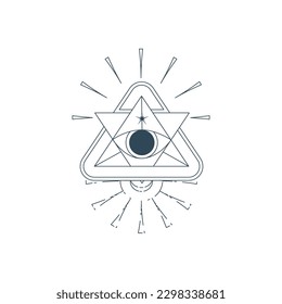 Esoteric pyramid with eye isolated. Occult mystic triangle with ray and star. Geometric esoteric symbol. Vector illustration design drawn in lines. Mystic eye in triangle