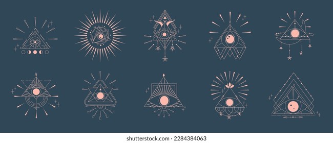 Esoteric pyramid set with eye isolated. Occult mystic triangle with sun and star. Geometric esoteric symbol. Vector illustration design drawn in lines. Mystic eye in triangle