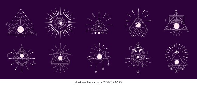 Esoteric pyramid set with eye isolated. Occult mystic triangle with sun and star. Geometric esoteric symbol. Vector illustration design drawn in lines. Mystic eye in triangle