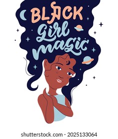 The esoteric quote with cartoon girl is an astrologer. The lettering phrase - black girl magic is good for afro girl and magical designs, girl day posters and cards. Vector illustration