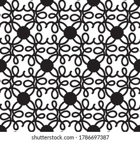 Esoteric repeating pattern of black dots connected up with squiggly lines against a white background, vector illustration