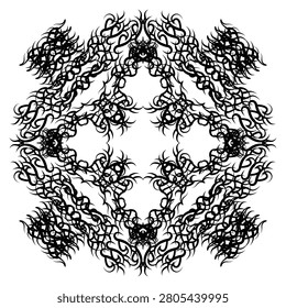 An esoteric ritual sun wheel design with radiating thorns and sharp symmetrical accents. Intended for mystic publications, gothic fashion apparel, and alternative style logo marks. The dark symmetrical theme adds a powerful ritualistic vibe to any layout. This EPS design is fully editable and usable, allowing easy color and layout customization.