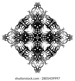 An esoteric ritual sun wheel design with radiating thorns and sharp symmetrical accents. Intended for mystic publications, gothic fashion apparel, and alternative style logo marks. The dark symmetrical theme adds a powerful ritualistic vibe to any layout. This EPS design is fully editable and usable, allowing easy color and layout customization.
