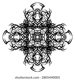 An esoteric ritual sun wheel design with radiating thorns and sharp symmetrical accents. Intended for mystic publications, gothic fashion apparel, and alternative style logo marks. The dark symmetrical theme adds a powerful ritualistic vibe to any layout. This EPS design is fully editable and usable, allowing easy color and layout customization.