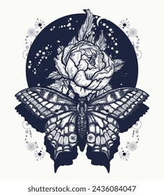 Esoteric rose and butterfly in universe tattoo. Esoteric symbol of spring, dream, soul, rebirth, harmony and tranquility. Creative t-shirt design concept