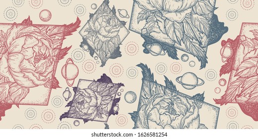 Esoteric rose. Seamless pattern. Packing old paper, scrapbooking style. Vintage background. Medieval manuscript, engraving art. Symbol of love, beauty, nature. Beautiful magic flower