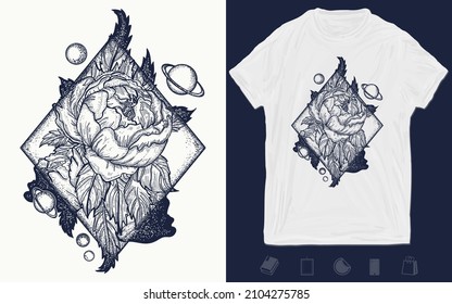 Esoteric rose tattoo art and t-shirt design. Floral magic symbol of love, beauty, nature. Vector graphics template. Hand drawn illustration