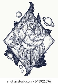Esoteric rose tattoo art and t-shirt design. Symbol of love, beauty, nature. Beautiful magic flower rose tattoo for woman 