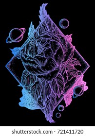 Esoteric rose tattoo art and t-shirt design. Symbol of love, beauty, nature. Beautiful magic flower tattoo for woman 