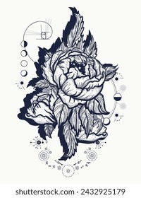 Esoteric rose tattoo. Sacred geometry flowers in universe. Magic symbol of freedom, love, beauty, secret knowledge, harmony and soul. T-shirt design concept art