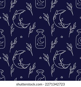 Esoteric seamless pattern with crescent, branch and vial. Vector illustration