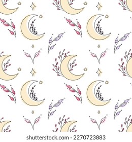 Esoteric seamless pattern with crescents and branches. Art line, sign and symbol. Vector illustration
