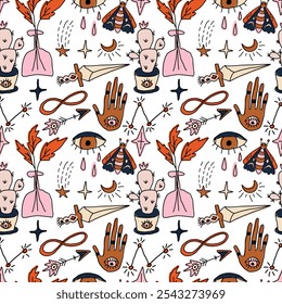 Esoteric seamless pattern with doodle crescent, dagger, eyes and stars. Fantasy vintage wallpaper